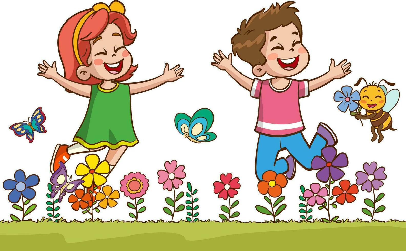 little kids playing with his friend in nature and feeling happy.joyful little children jumping and dancing vector