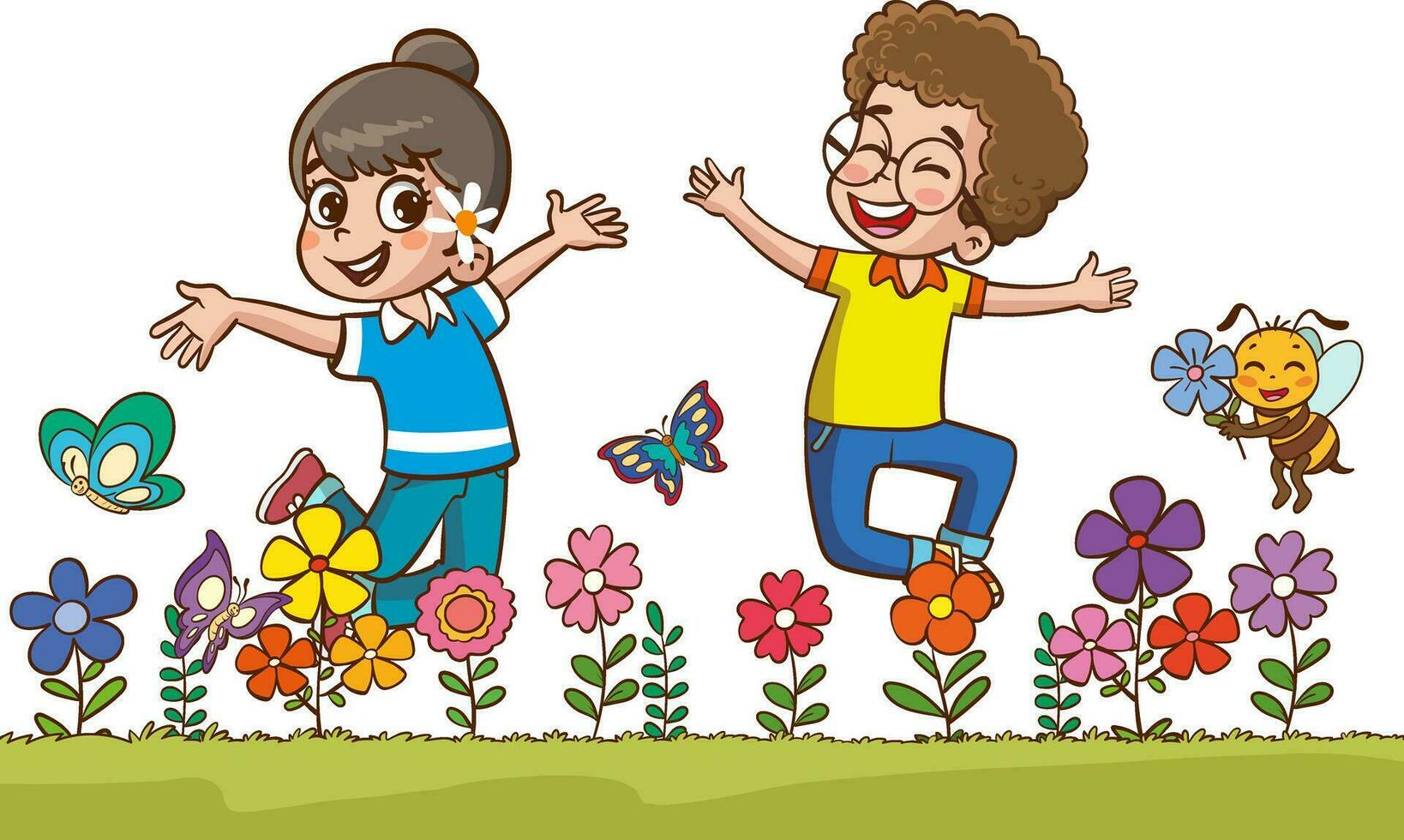 little kids playing with his friend in nature and feeling happy.joyful little children jumping and dancing vector