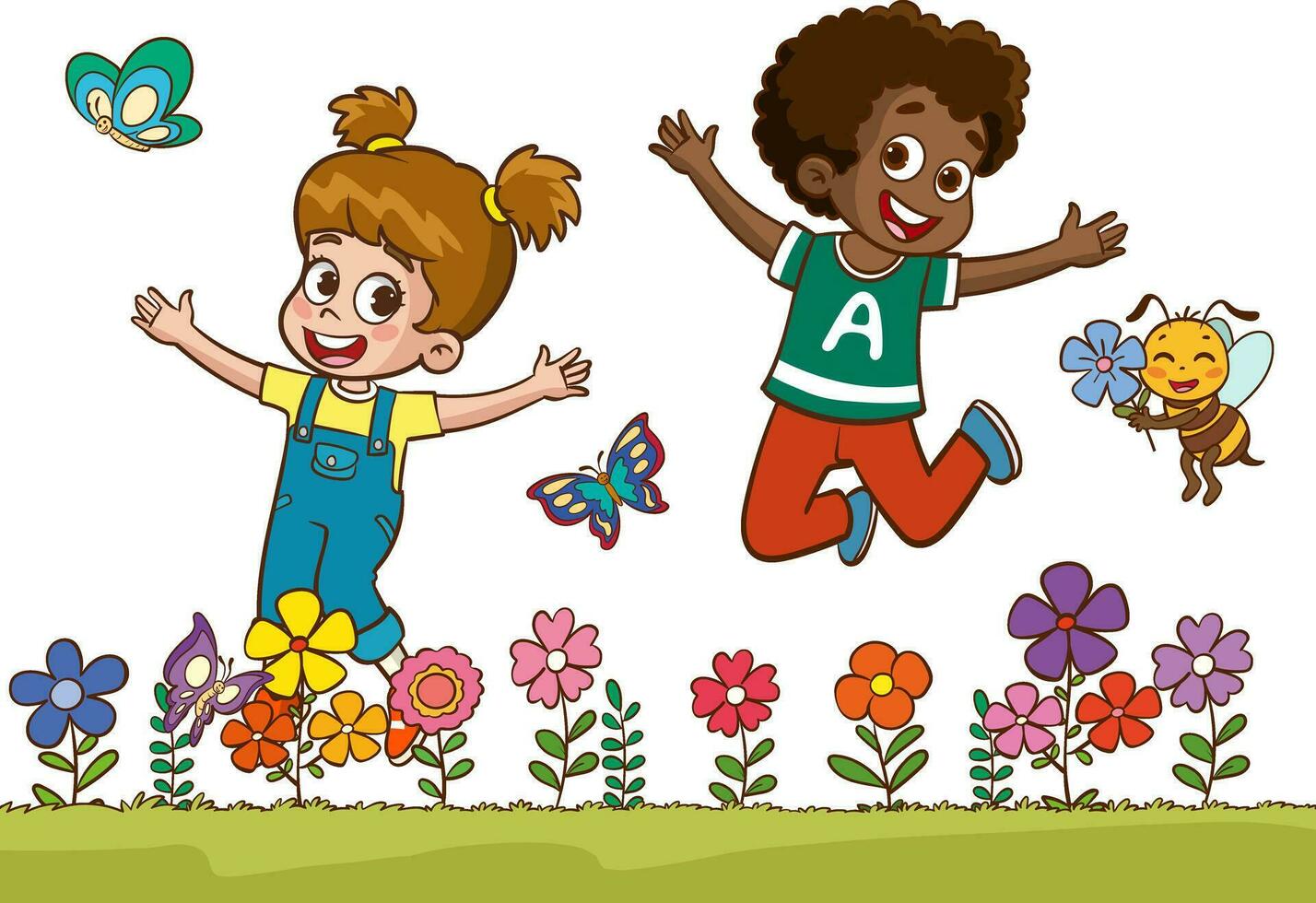 pequeño niños jugando con su amigo en naturaleza y sensación feliz.joyful pequeño niños saltando y bailando vector