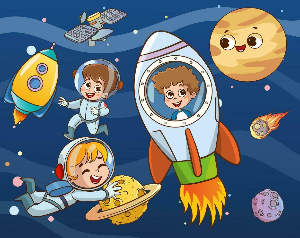 Conquest of space. Space elements. Planet earth, sun and galaxy, spaceship and star, moon and small kids astronaut, vector illustration.