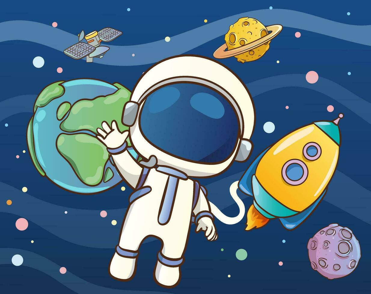 Vector illustration of a cute astronaut in outer space and planets and stars in the background.
