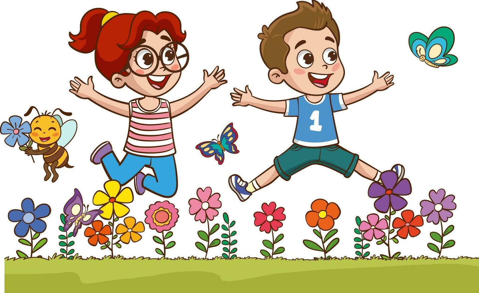 little kids playing with his friend in nature and feeling happy.joyful little children jumping and dancing vector