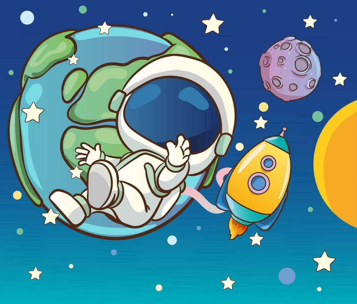 Vector illustration of a cute astronaut in outer space and planets and stars in the background.