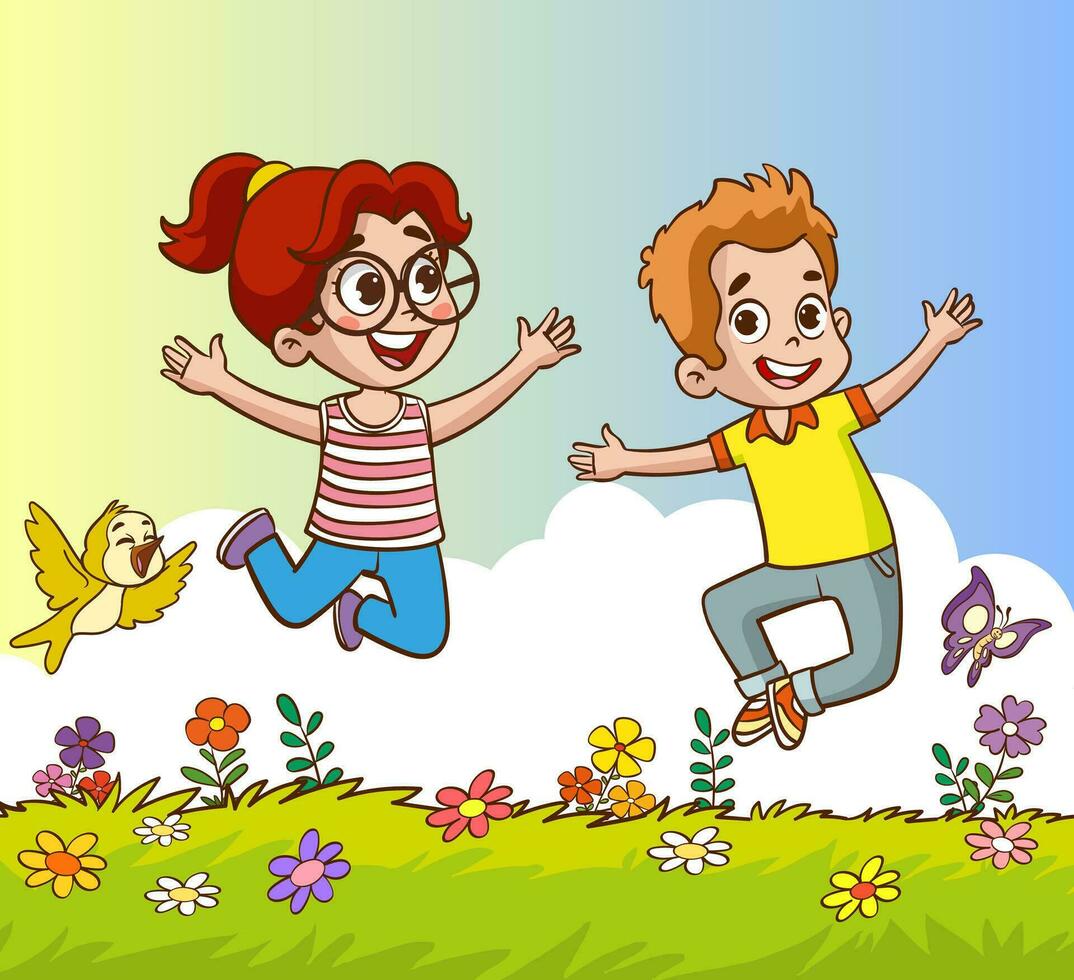 little kids playing with his friend in nature and feeling happy vector