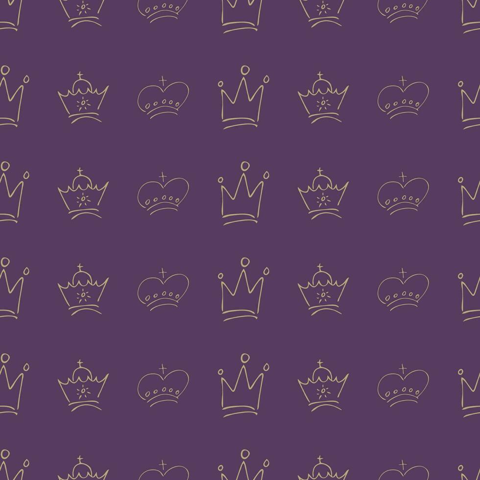 Hand drawn crowns. Seamless pattern of simple graffiti sketch queen or king crowns. Royal imperial coronation and monarch symbols. Vector illustration.