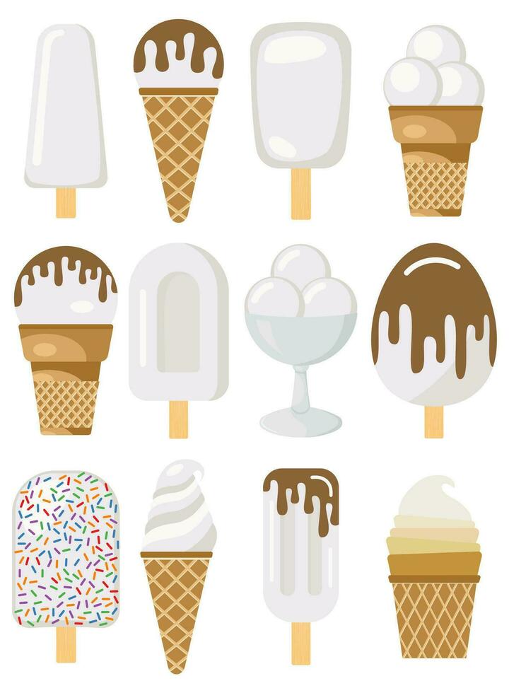 Set of twelve vector illustration of ice cream. Multicolored creamy ice cream