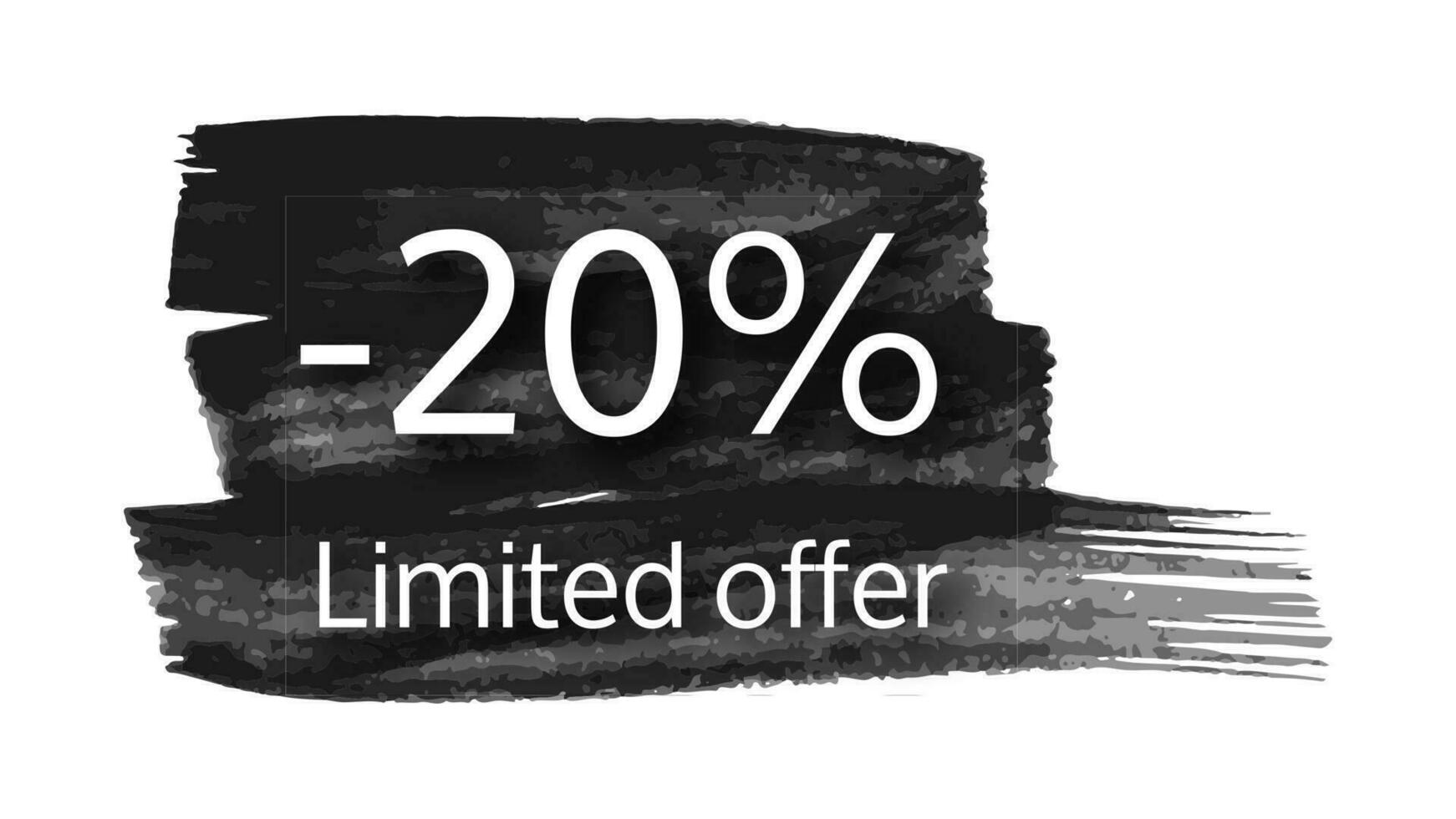 Limited offer banner on black brush stroke with a 20 discount. White numbers on black brush stroke on white background. Vector illustration