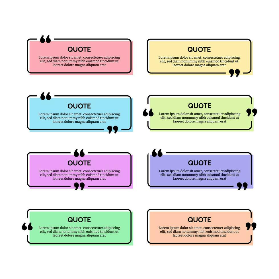 Set of eight black rounded rectangular quote box frames on multicolour backgrounds. Vector illustration