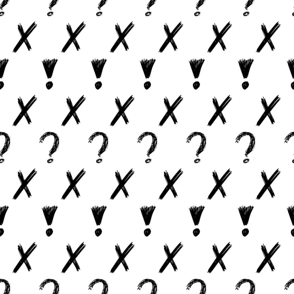 Seamless pattern with hand drawn cross, exclamation and question mark symbols. Black sketch check symbol on white background. Vector illustratio