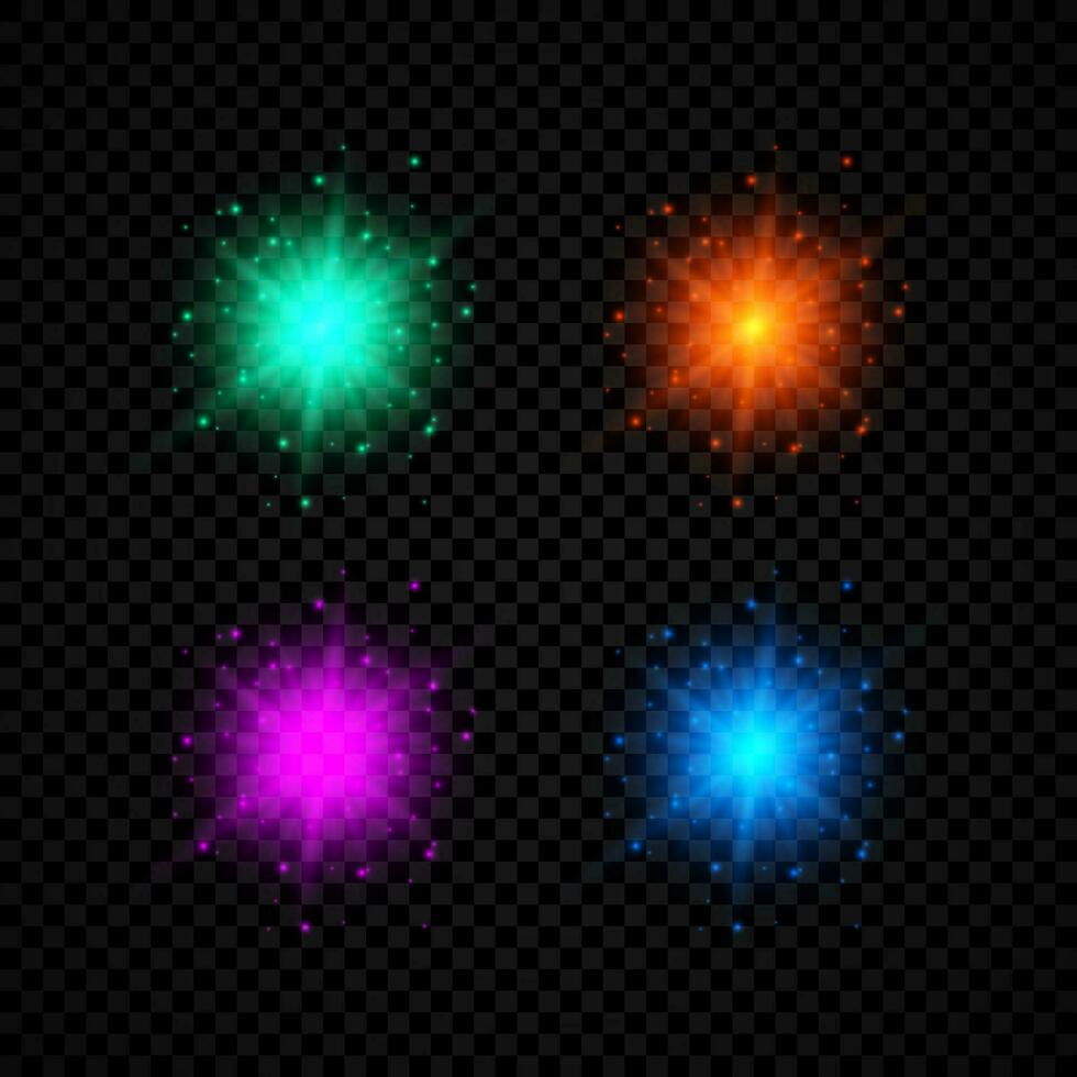 Light effect of lens flares. Set of four green, red, purple and blue glowing lights starburst effects with sparkles on a dark vector