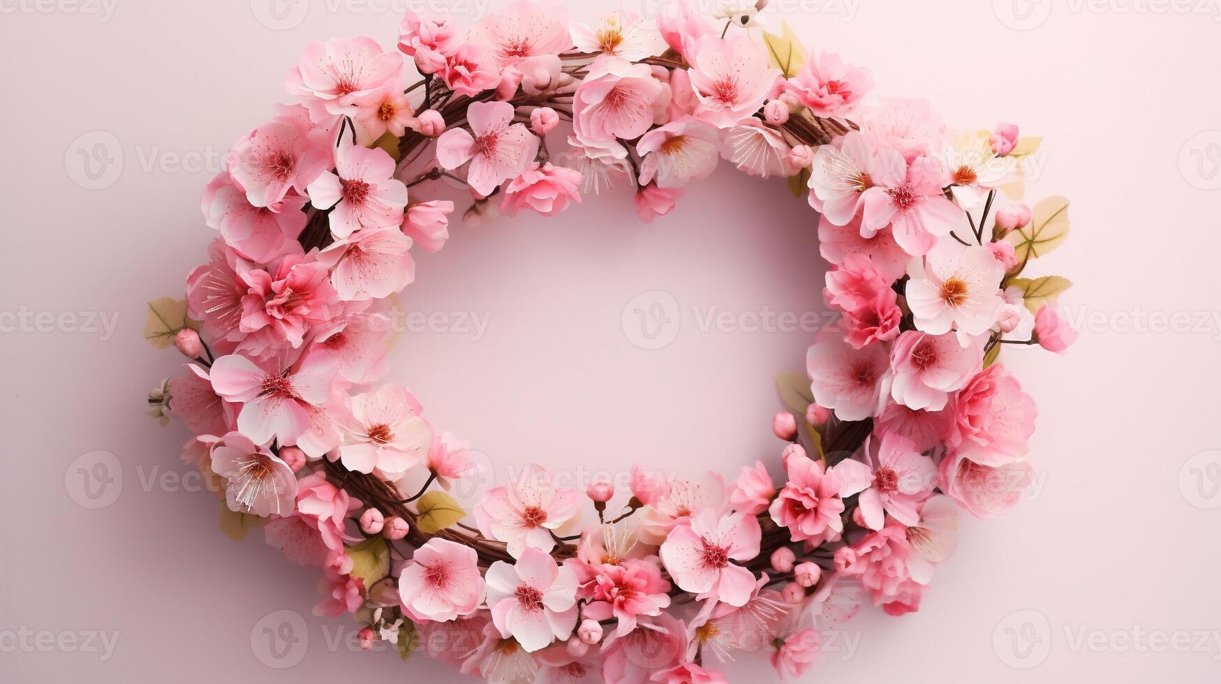 Generative AI, wreath of little light pink cherry sakura flowers with copy space, natural organic floral frame photo