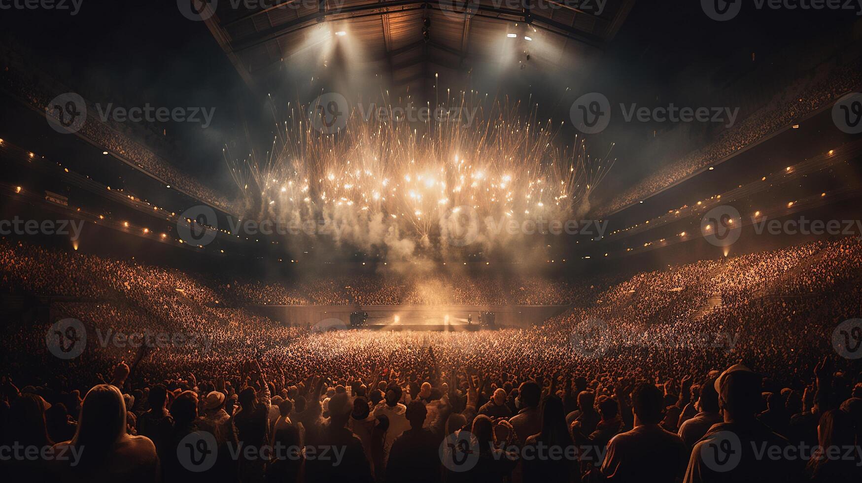, People crowd on music rock festival concert in stadium, big stage lit by spotlights. photo