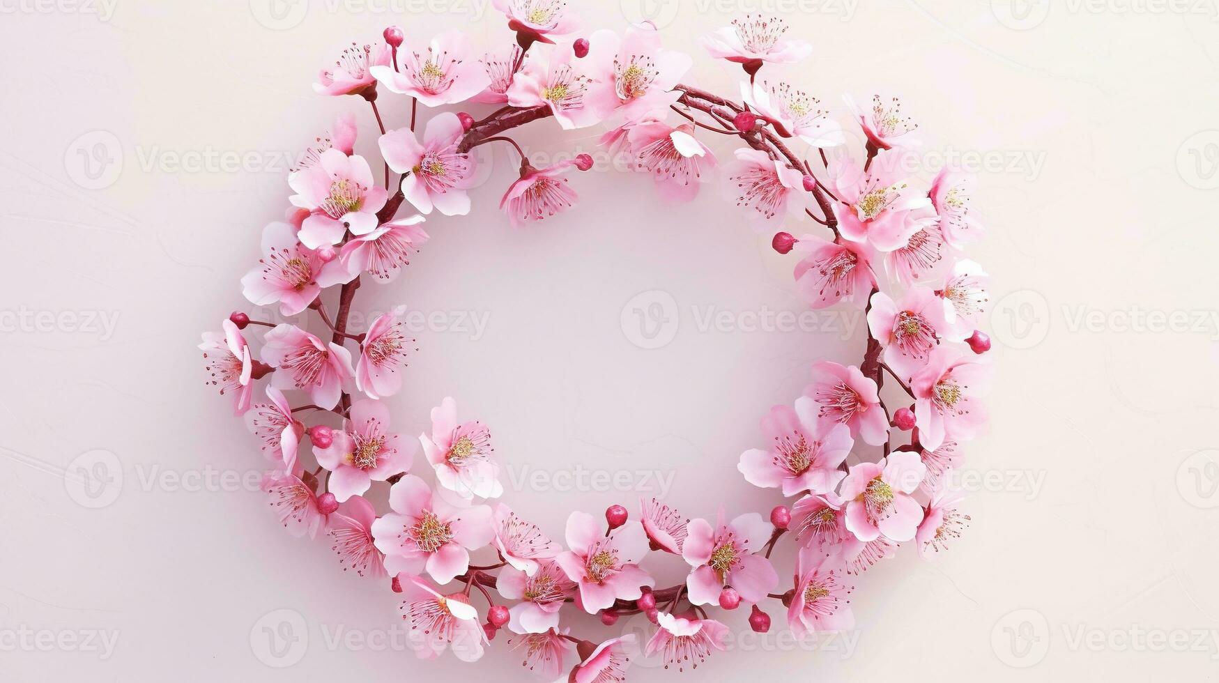 Generative AI, wreath of little light pink cherry sakura flowers with copy space, natural organic floral frame photo