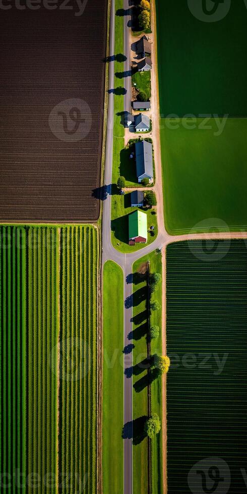 , Farm landscape, agricultural fields, beautiful countryside, country road. Nature Illustration, photorealistic top view drone, vertical format photo