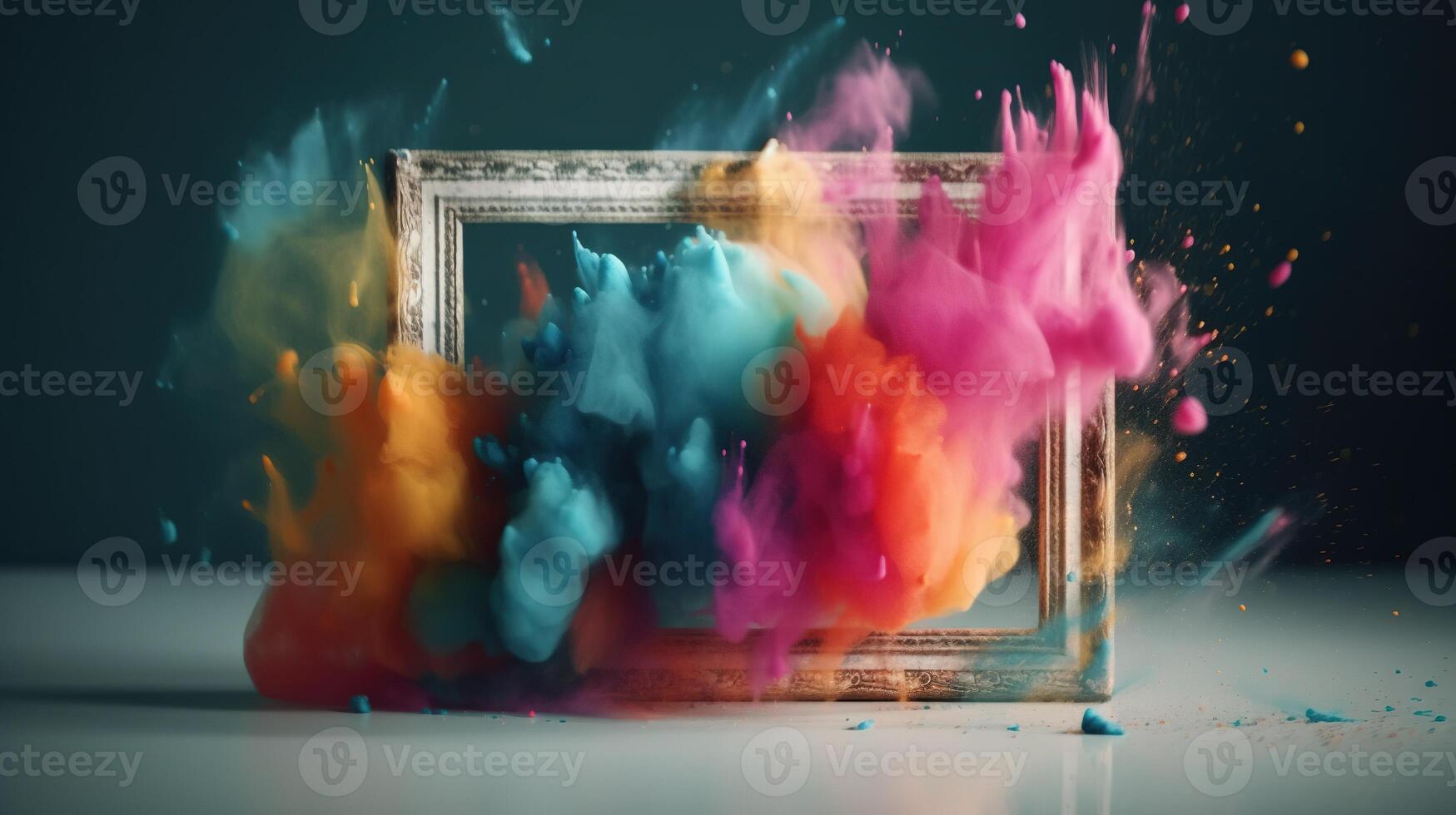 Generative AI, Frame with colorful holi powder paint explosion, creative splash, multicolor cloud photo