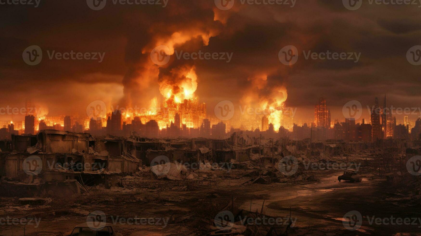 Generative AI, Destruction in the city, burned town street with no life, apocalyptic scene photo