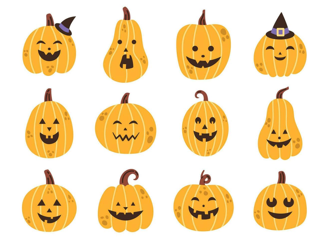 Vector halloween pumpkin set. Collection of halloween pumpkins carved faces in flat design. Scary and spooky faces. Jack o lantern. Smiling pumpkins for halloween night.