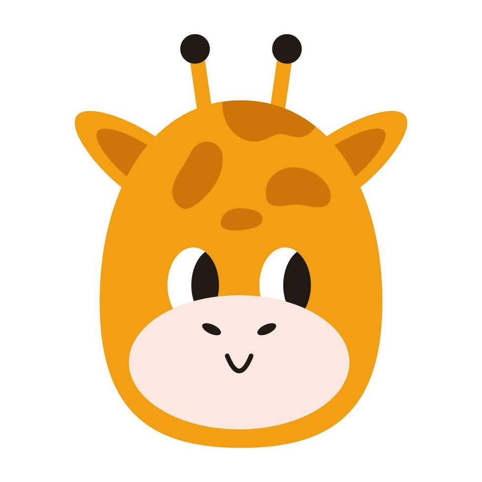 Vector cute baby giraffe face. Smiling giraffe in flat design. Kawaii funny baby animal head. Childish african giraffe.