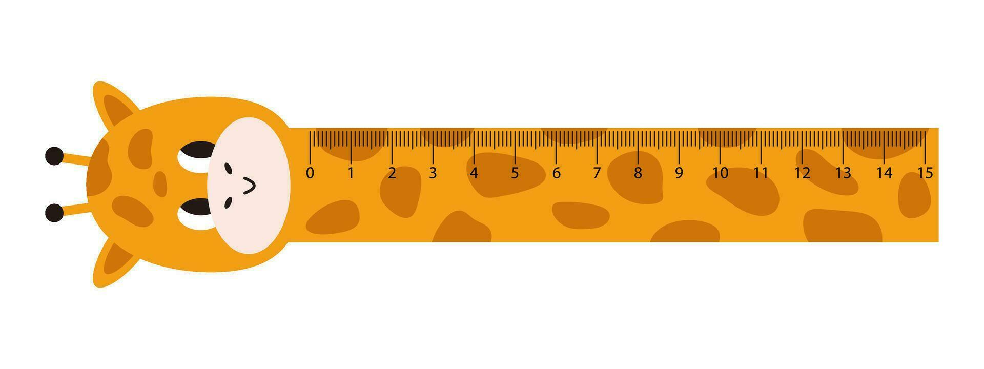 Vector cute measuring ruler. Kawaii school ruler with giraffe smiling face. Measuring tool with baby giraffe head. Student ruler with funny animal. Centimeter scales.
