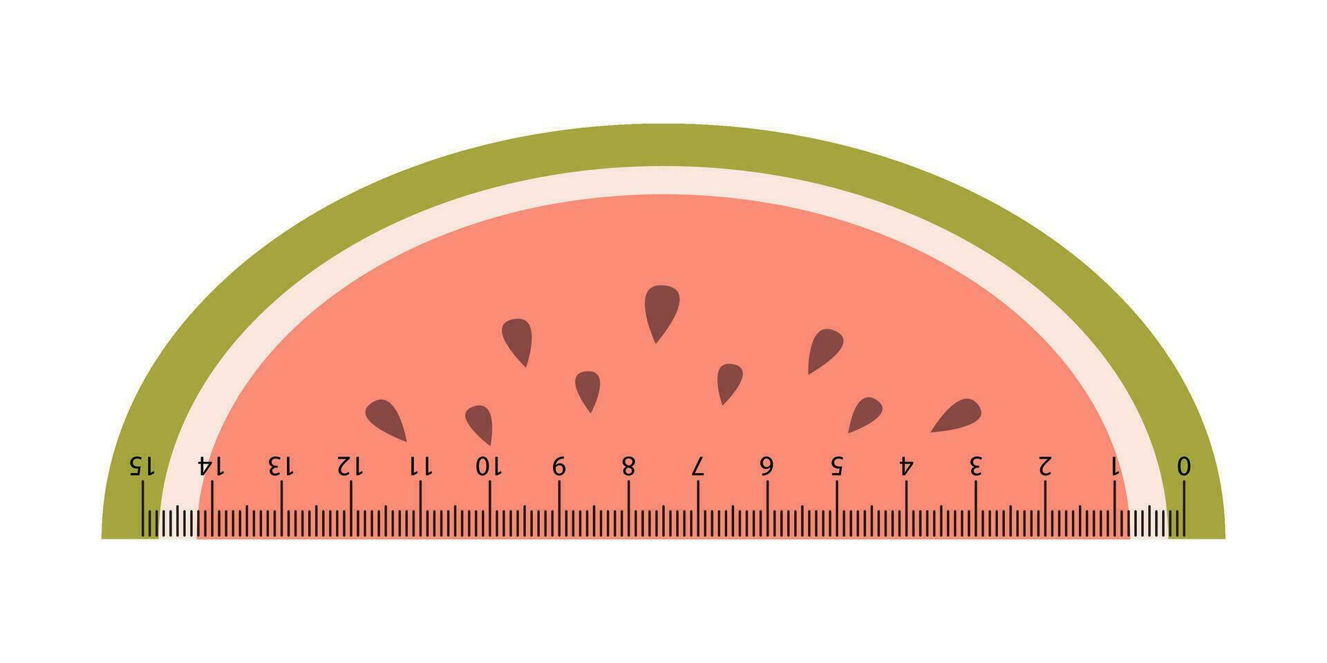 Vector cute measuring ruler. School ruler in the shape of watermelon slice. Fruit measuring tool. Student ruler with kawaii watermelon. Centimeter scales.
