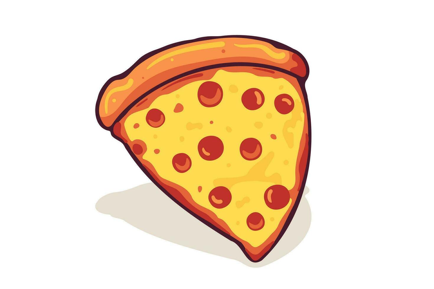 Pizza slice with melted cheese and pepperoni. Vector cartoon sticker in comic style with contour. Design element food for greeting card, poster, print for clothes, emblem.