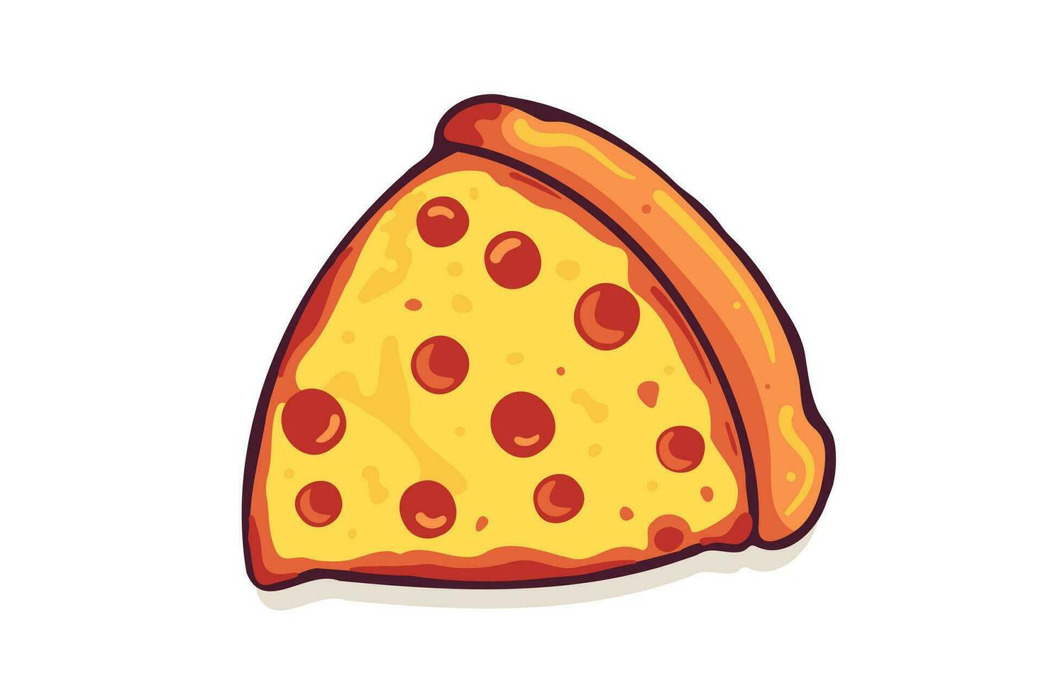 Pizza slice with melted cheese and pepperoni. Vector cartoon sticker in comic style with contour. Design element food for greeting card, poster, print for clothes, emblem.