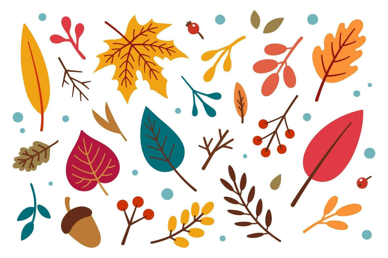 Autumn design elements set. Autumn design elements set. Vector floral illustration. Fall leaves collection. Autumn elements - acorn, apple, leaves, berries. Flat design, doodle style.