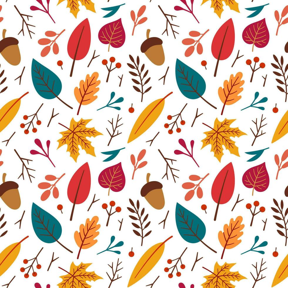 Autumn seamless pattern, fabric, textile, texture. Vector floral illustration. Fall pattern. Autumn elements - acorn, apple, leaves, berries. Flat design, doodle style.