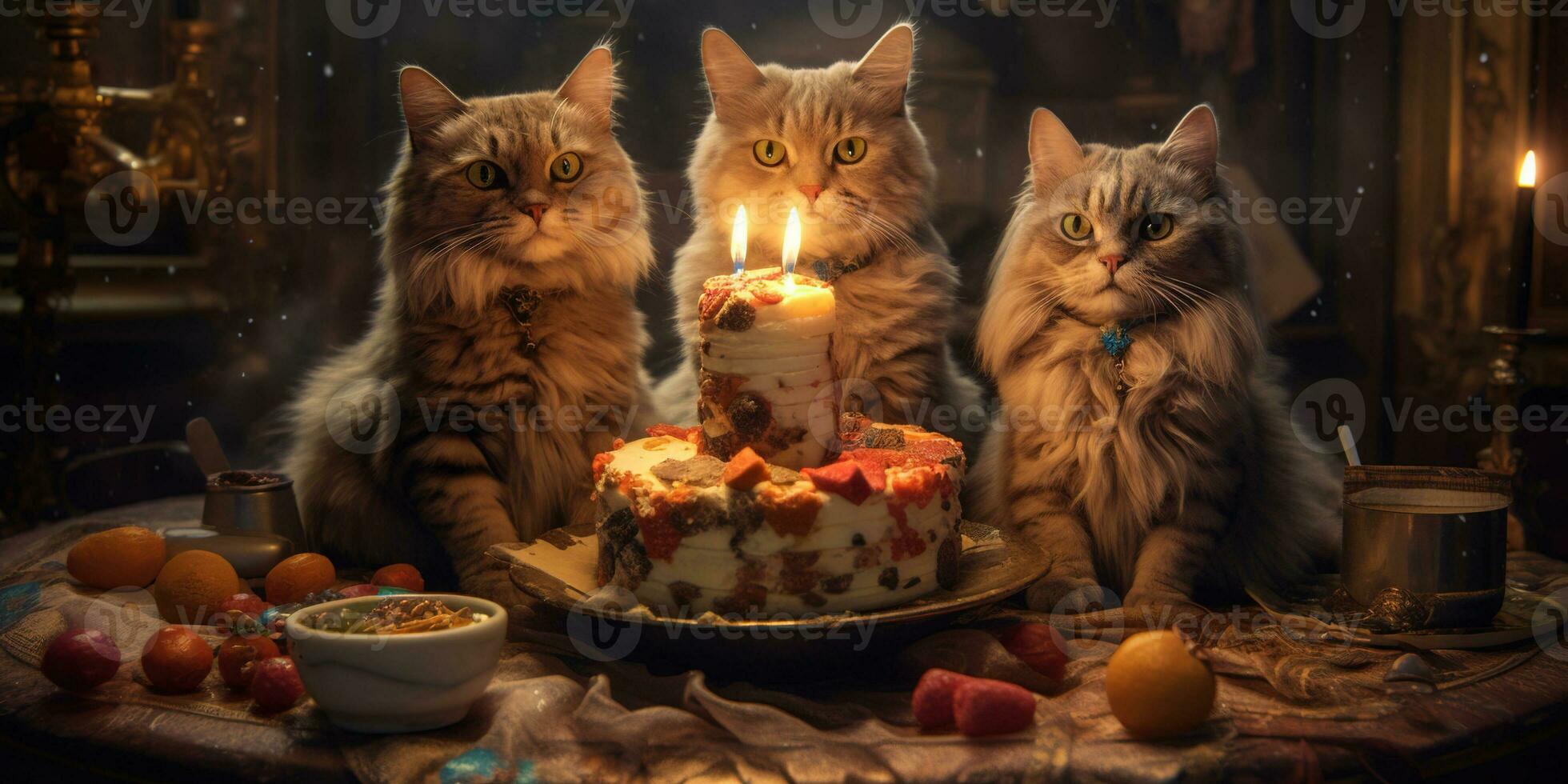 Generative AI, Cat birthday party, cake with a candles photo