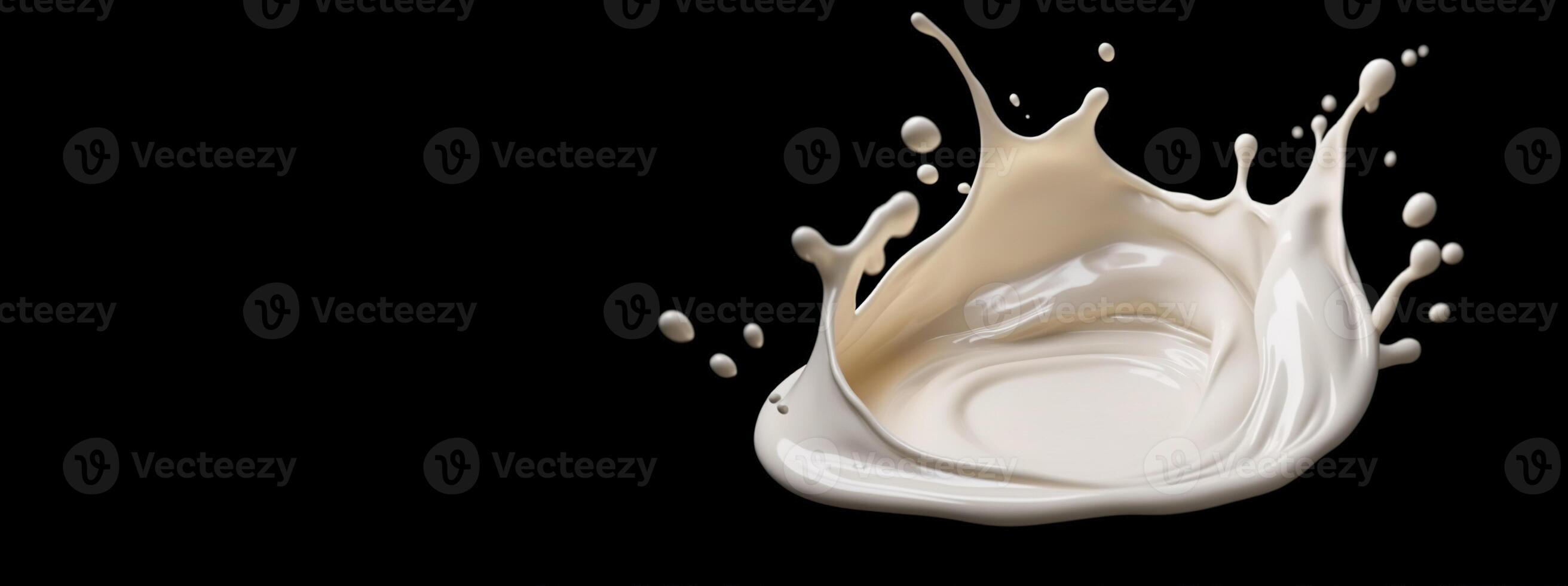 , Flowing liquid with splashes in white color. Glossy creamy milk fluid banner, 3D effect, modern macro photorealistic abstract background illustration.. photo