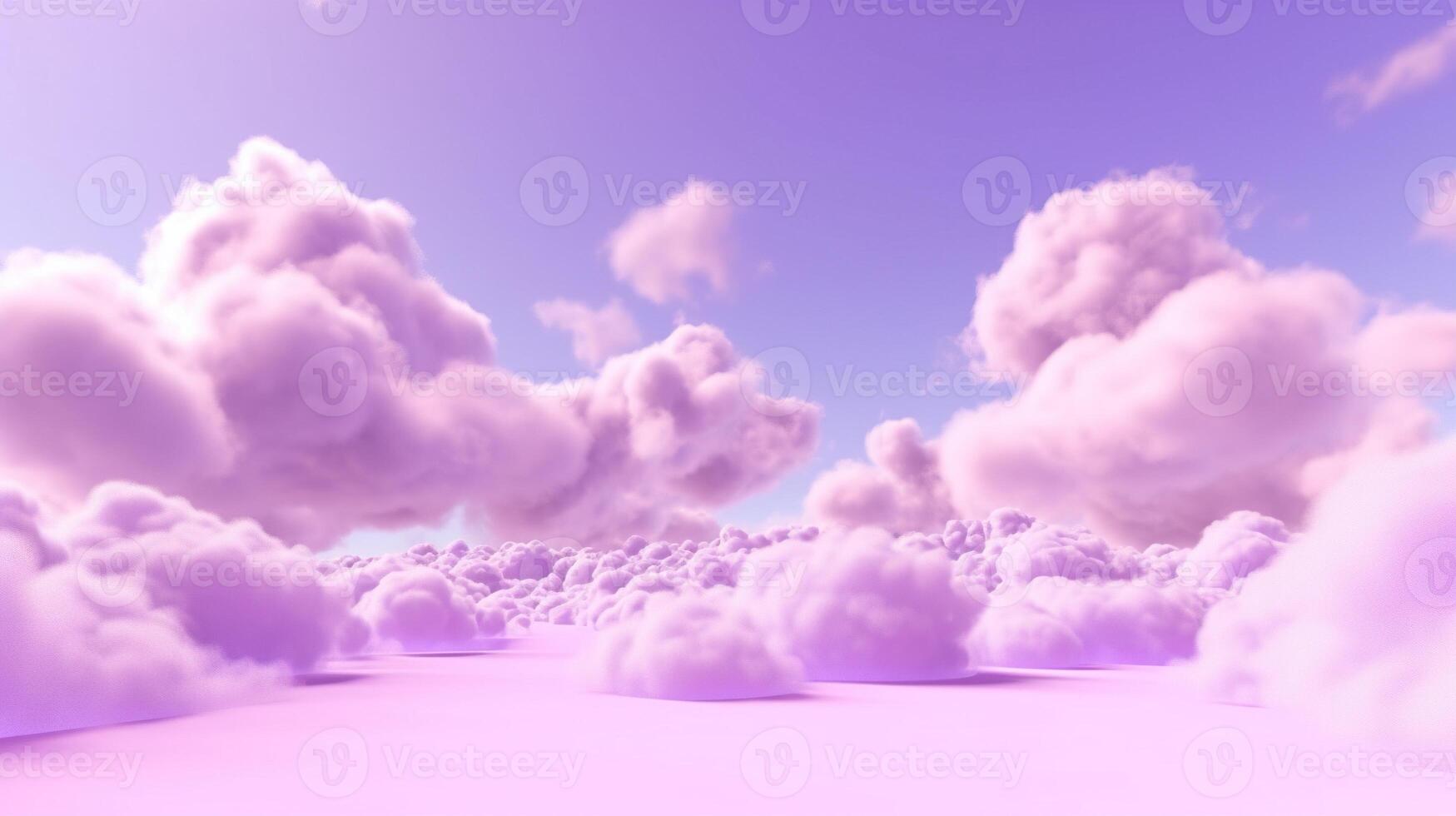 , Purple, digital lavender color fantastic 3d clouds on the floor, sky and landscape. Gentle colors and with bright lights. photo