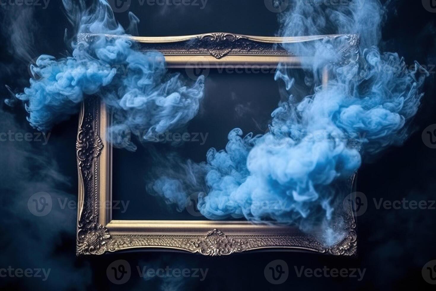 Generative AI, Blue flowing smoke around empty vintage beautiful frame. Copy space, frame mock up blank photo