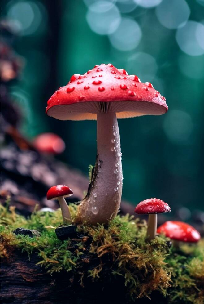 close up portrait of mushroom with bokeh background, generative ai photo