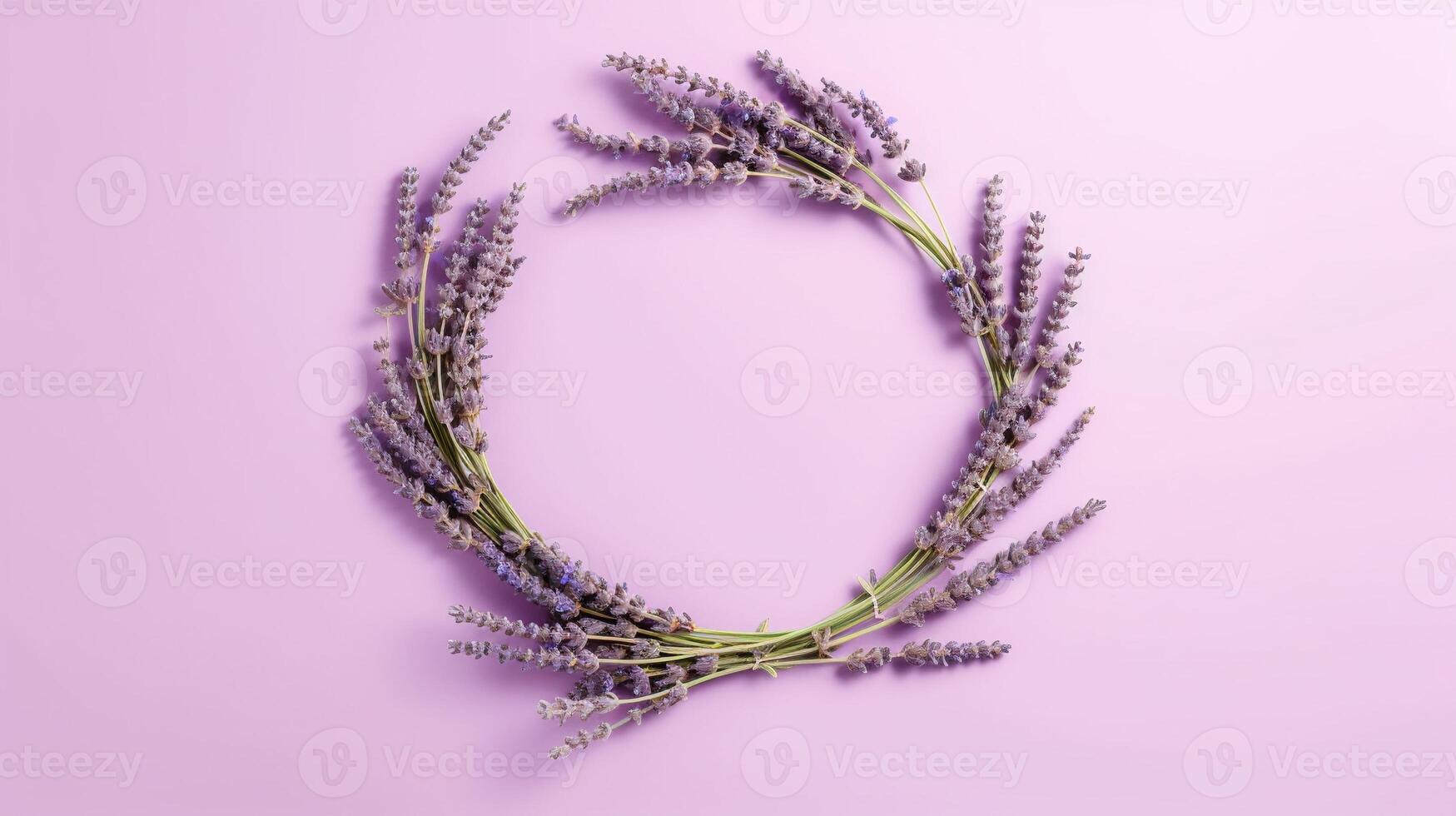 Generative AI, wreath of lavender branches flowers with copy space, natural organic floral frame violet background photo