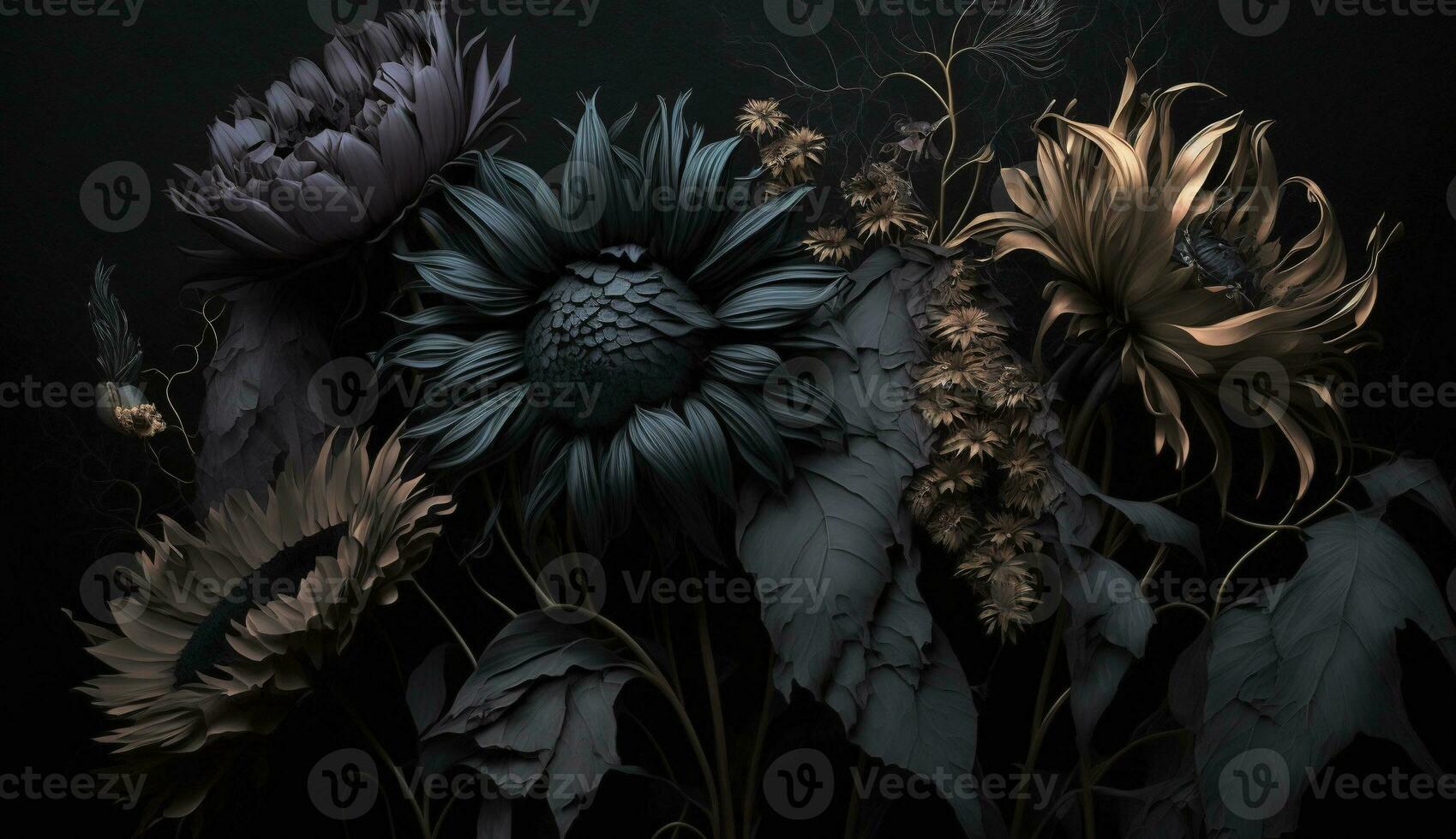 Generative AI, Close up of blooming flowerbeds of amazing black flowers on dark gothic moody floral textured background. Photorealistic effect. photo