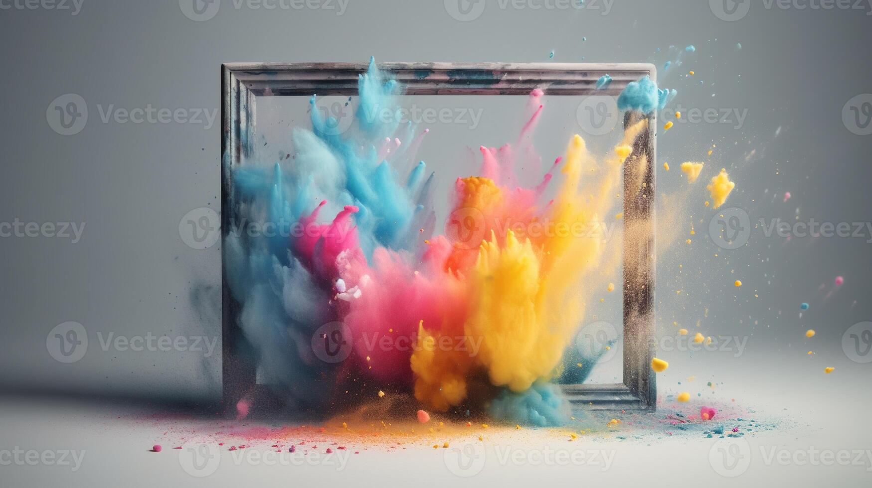 Generative AI, Frame with colorful holi powder paint explosion, creative splash, multicolor cloud photo