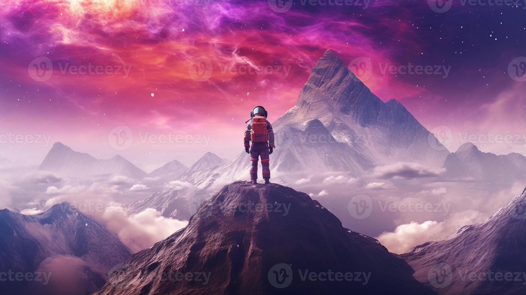 , Psychedelic Space banner template, nostalgic 80s, 90s background. Horizontal illustration of the future landscape with mountains, planets, trees, moon. Surrealist escapism concept. photo