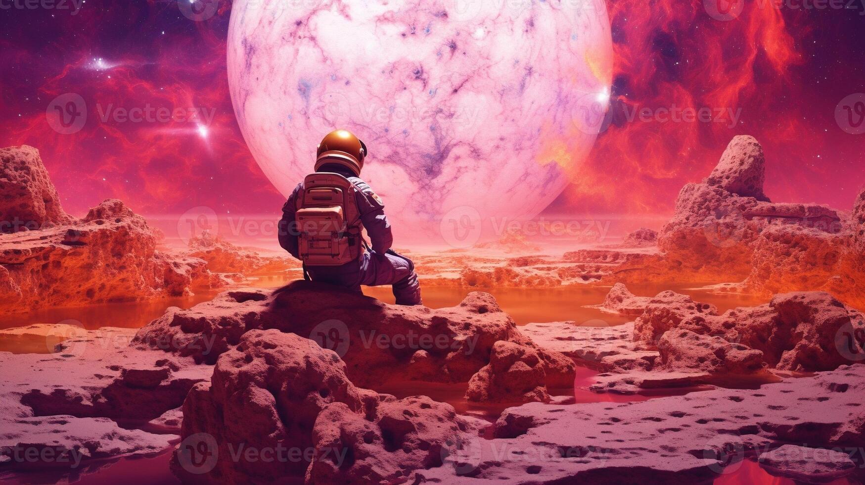 , astronaut on planet mars, exploring planets in outer space. Fantasy surreal illustration photo