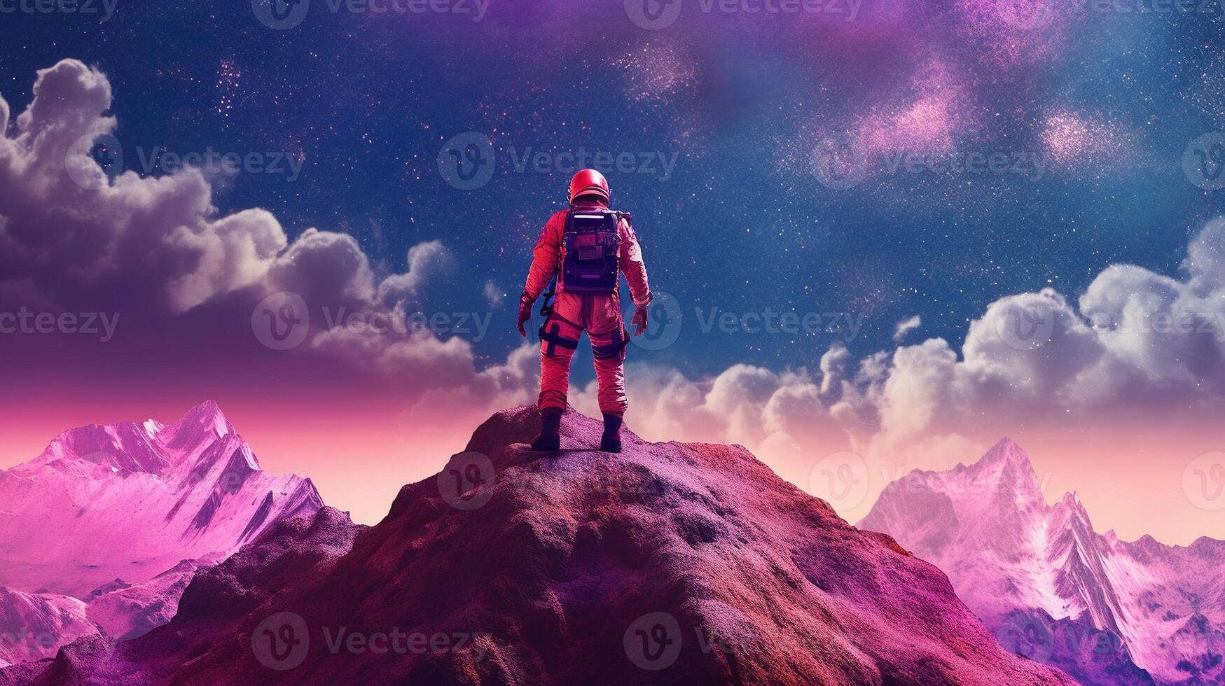 Generative AI, Psychedelic Space banner template, nostalgic 80s, 90s background. Horizontal illustration of the future landscape with mountains, planets, trees, moon. Surrealist escapism concept. photo