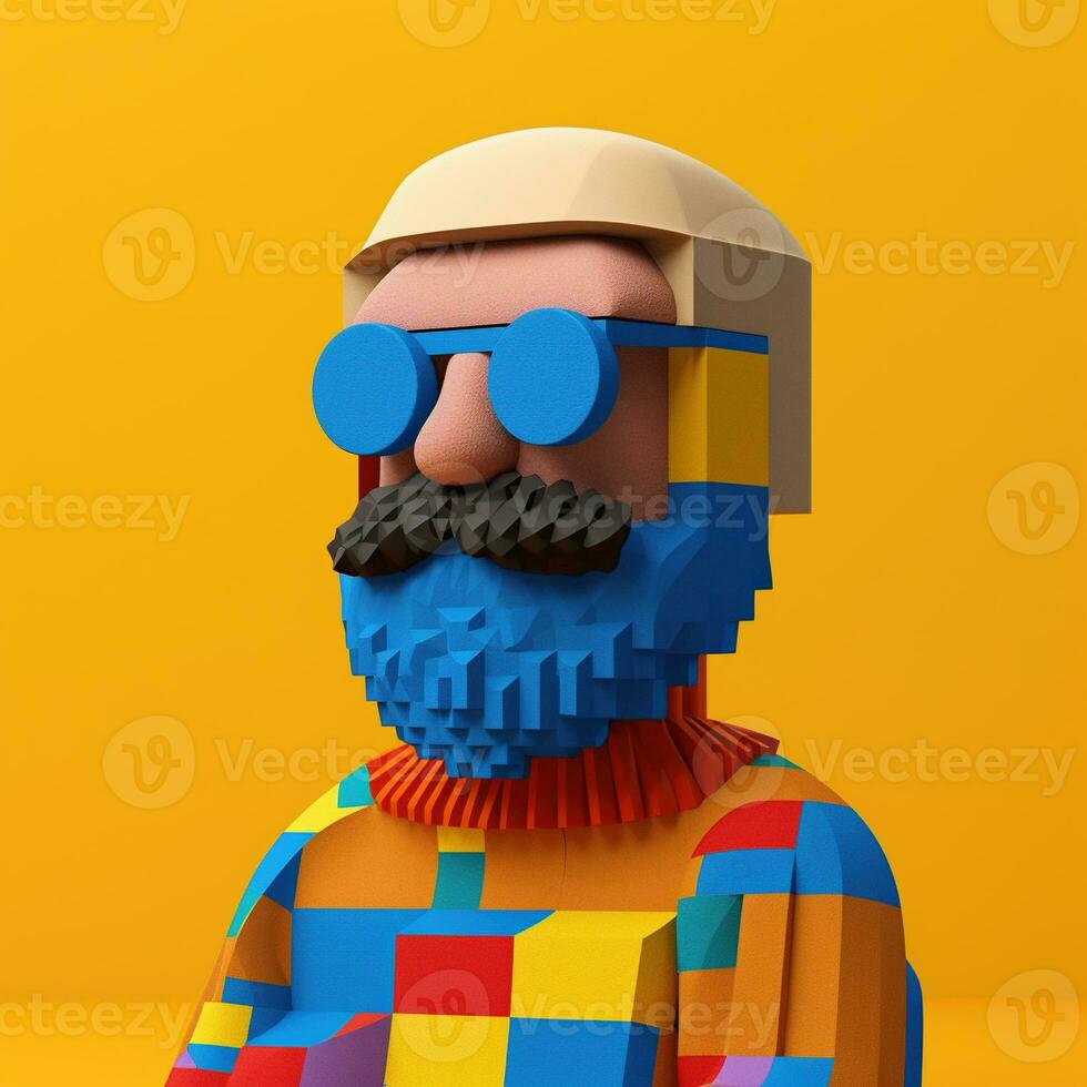 Generative AI, 3D plastic icon avatar cartoon character with beard or mustach, close up portrait photo