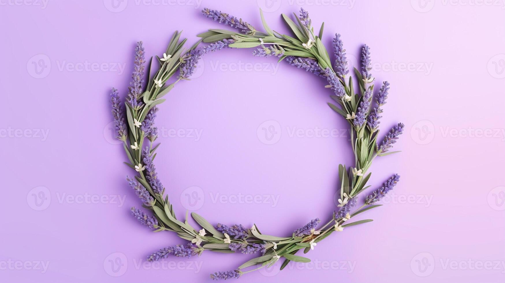 Generative AI, wreath of lavender branches flowers with copy space, natural organic floral frame violet background photo