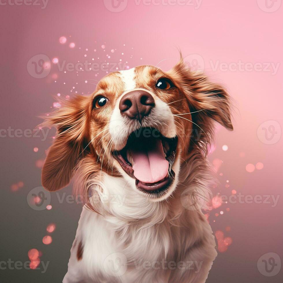 Generative AI, Portrait of a happy dog looking at the camera with mouth open on pink background photo