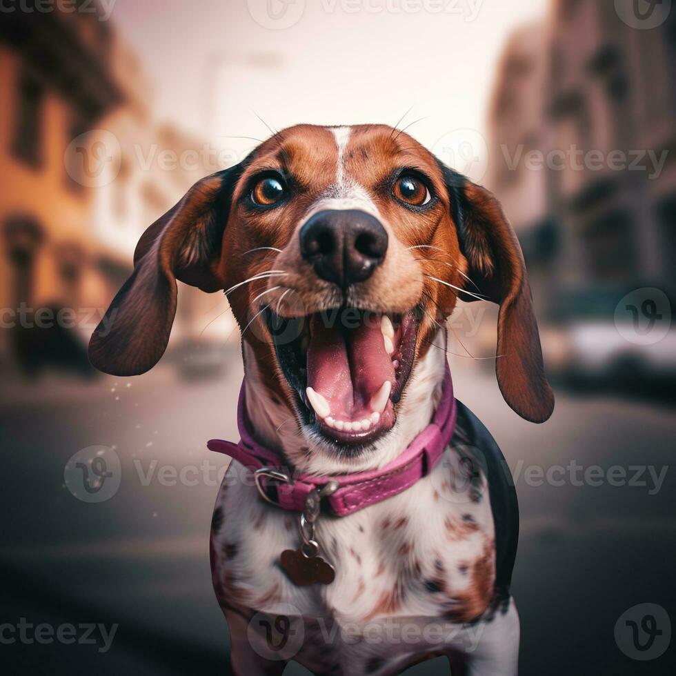Generative AI, Portrait of a happy dog looking at the camera with mouth open on pink background photo