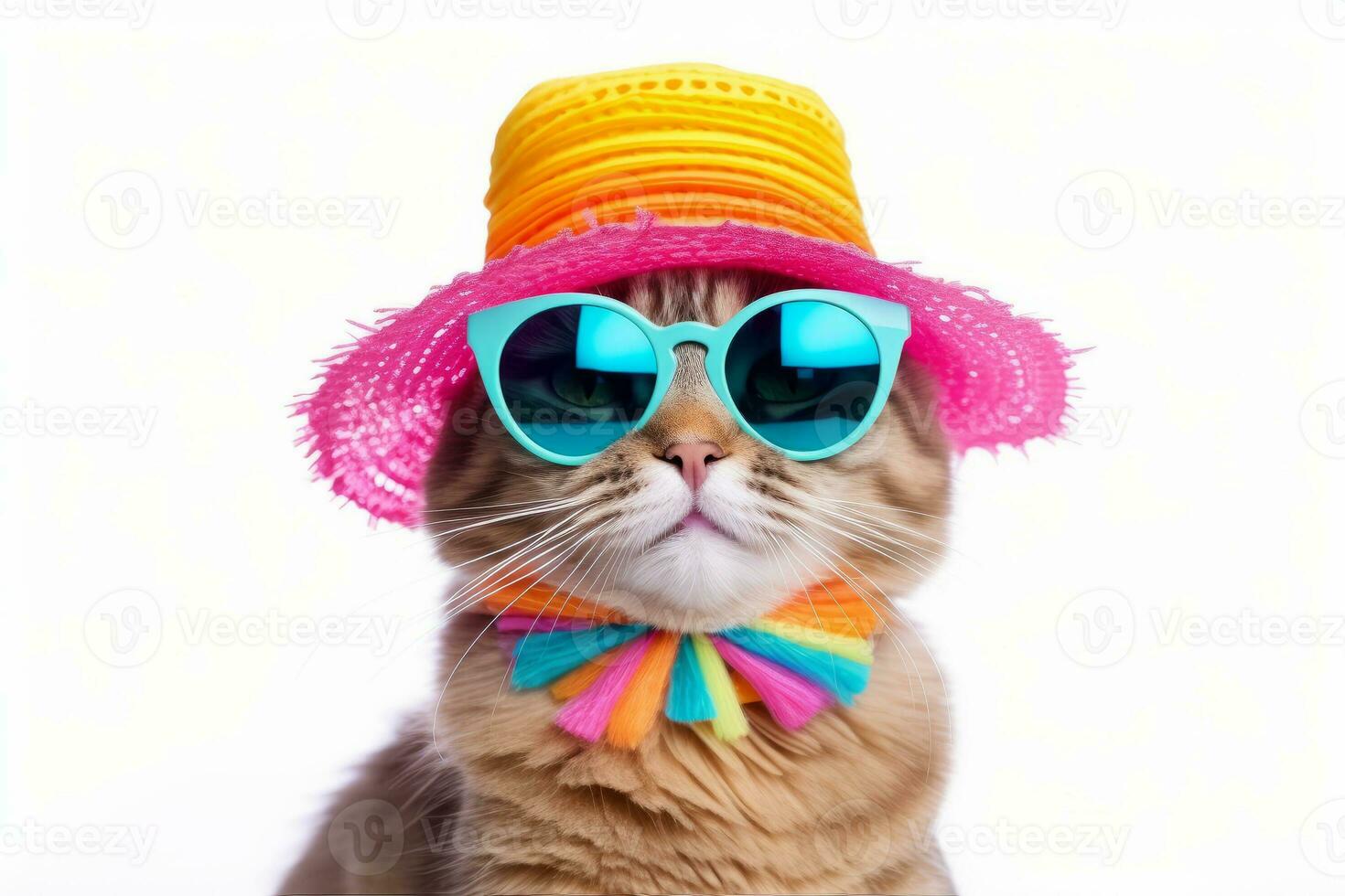 gracioso fiesta gato vistiendo vistoso verano sombrero y elegante Gafas de sol aislado terminado blanco antecedentes. ai generado foto