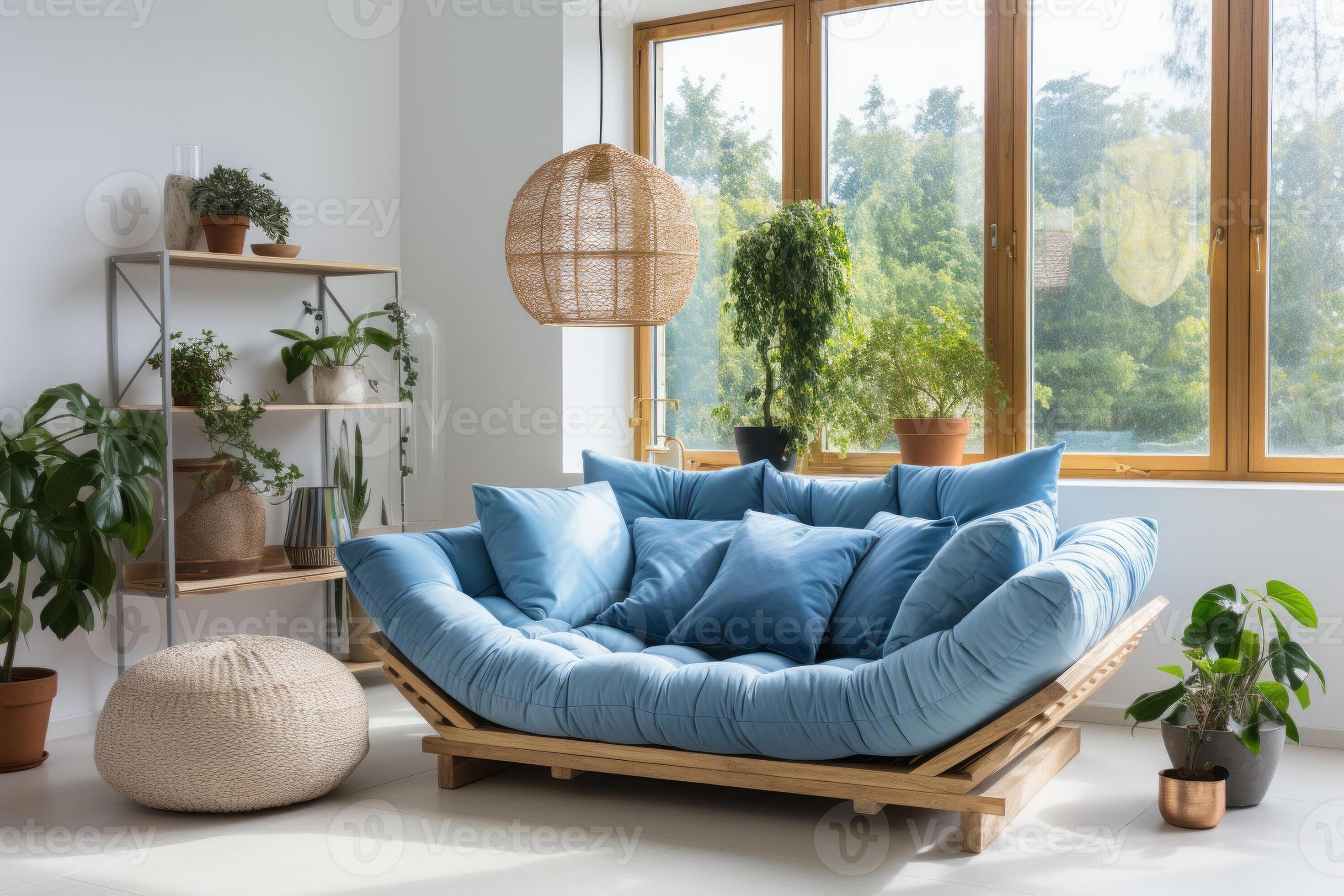 Blue loveseat sofa against of large grid window AI Generated