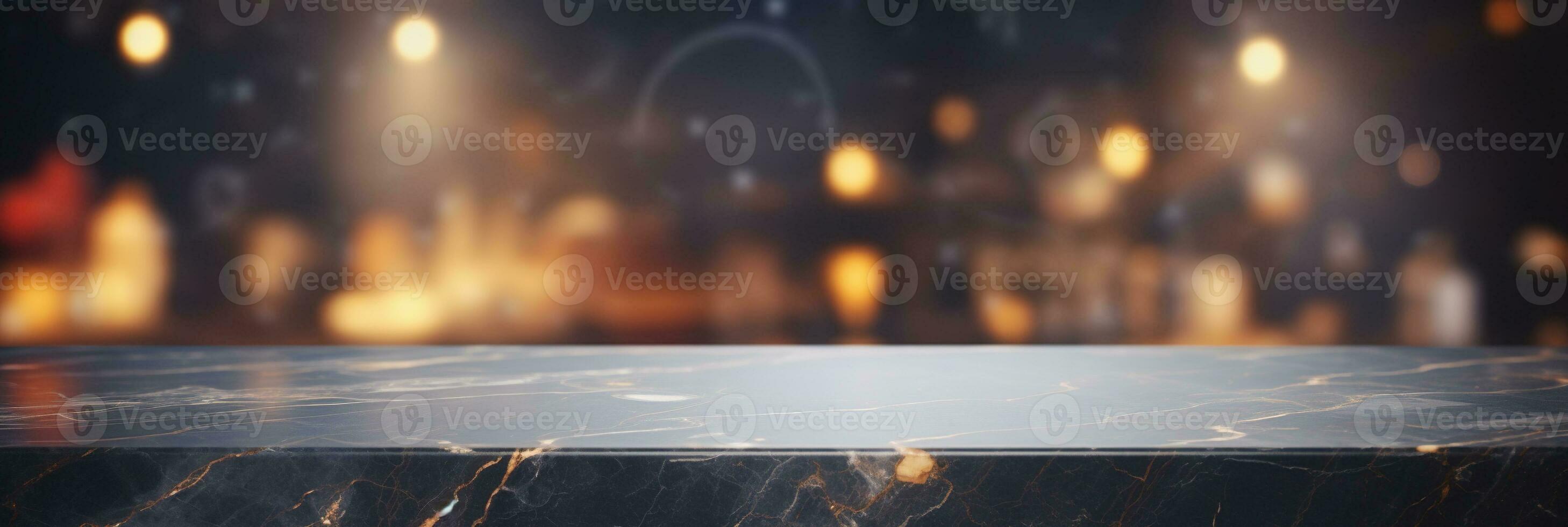 Modern empty dark marble table top or kitchen island on blurry bokeh