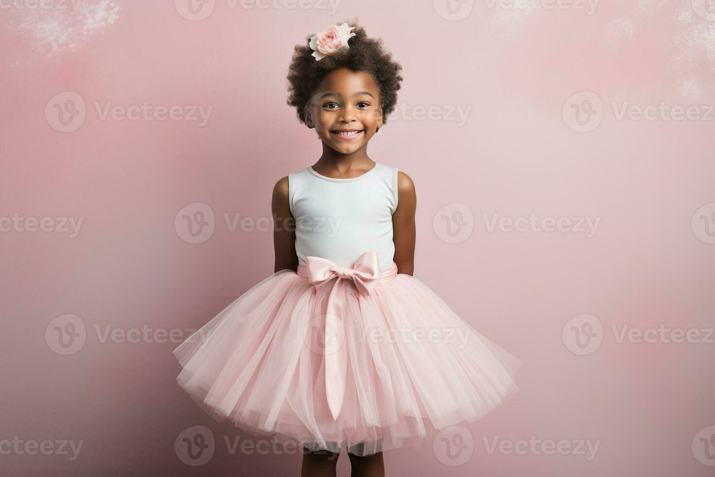 orgulloso africano americano pequeño niña en ballet vistiendo un rosado tutu falda niños en pie en ballet. ai generado foto