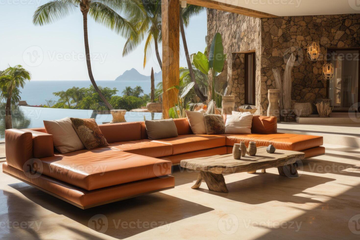 Terra cotta leather sofa in minimalist room with swimming pool in patio