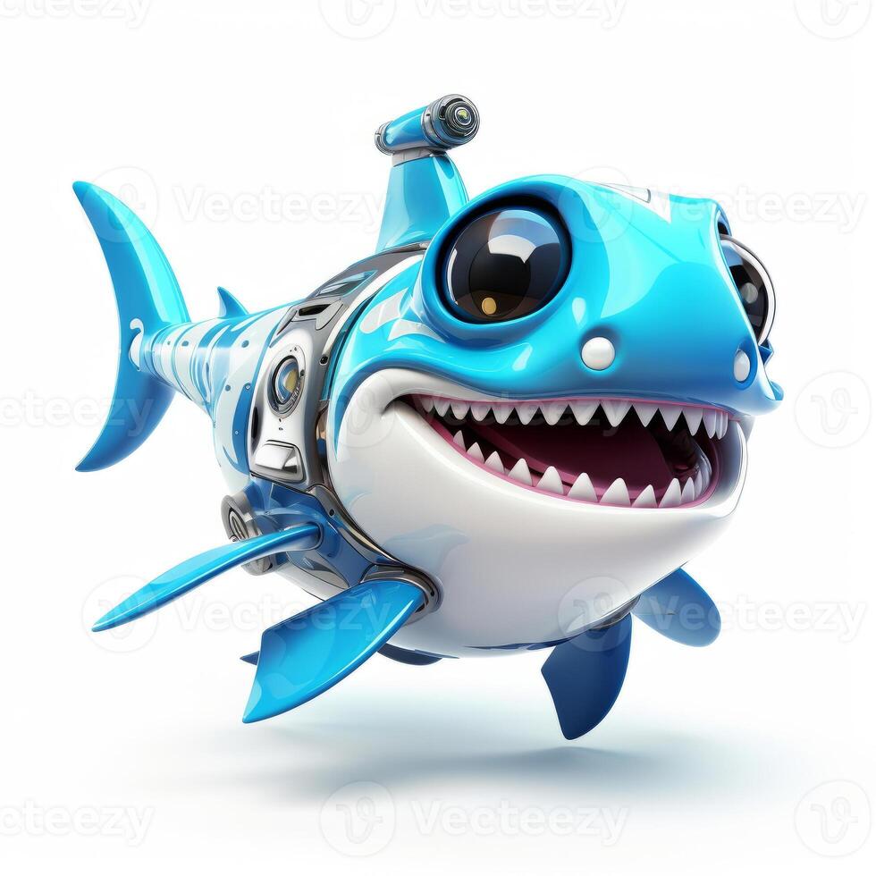Cute smiling shark robot, robotic fish isolated over white background