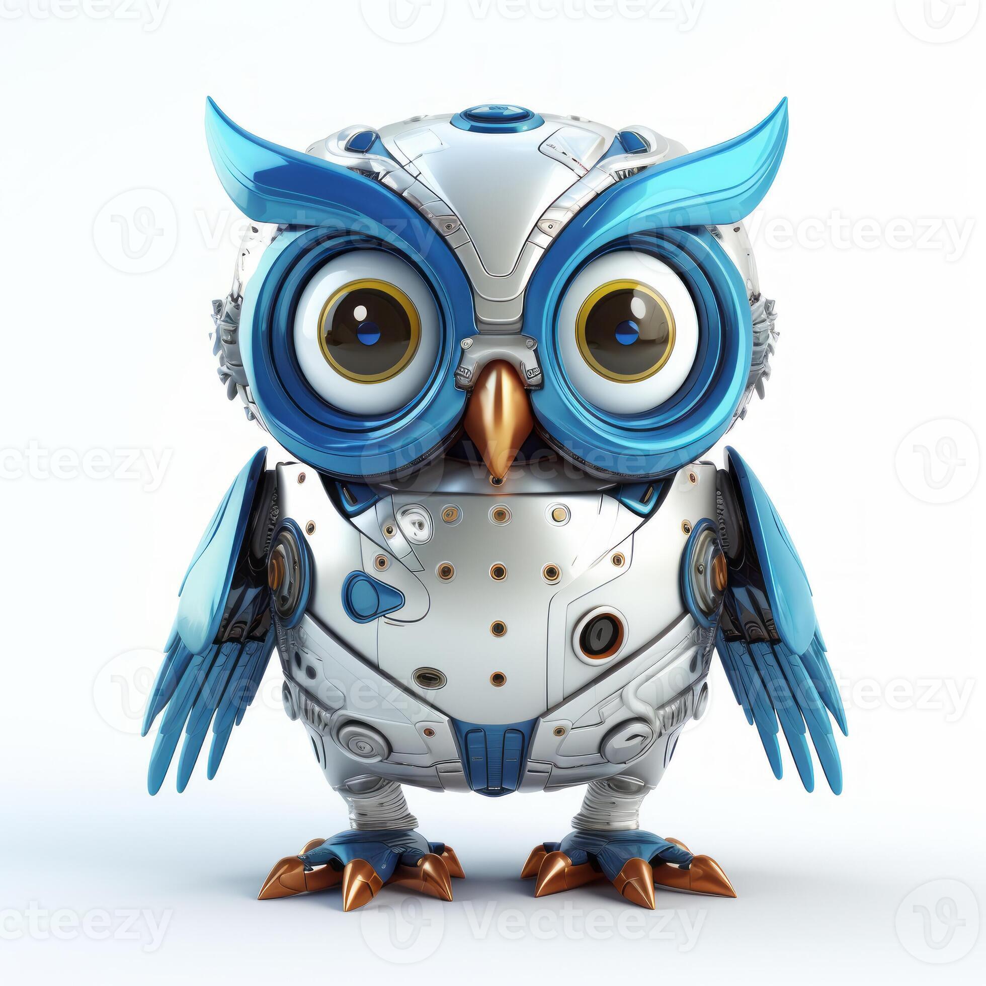 Charming owl robot robotic bird isolated over white background. AI